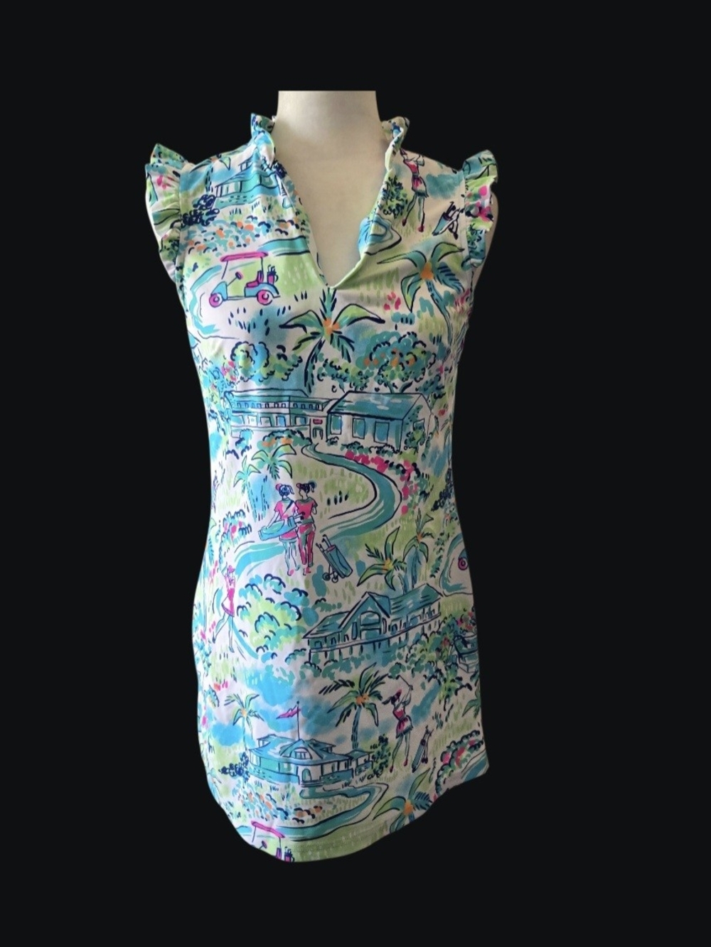 Aryeh Riviera Scene V-Neck Sleeveless Tunic in Aqua, Teal & Pink